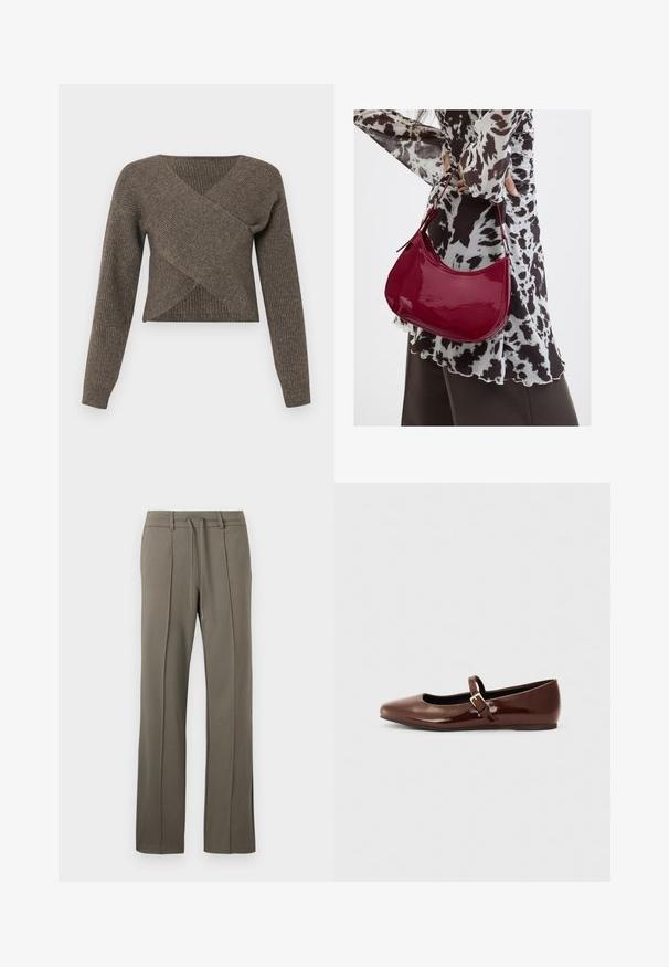 Pull croisé marron avec des manches longues, texture côtelée et décolleté en V profond, fabriqué en matériel en tricot doux. Design court.; Pantalons kaki avec une coupe droite, taille à cordon de serrage et deux plis sur le devant. Fabriqués dans un tissu doux et texturé.; Ballerine en cuir verni marron avec un bout carré et une lanière ornée d'une petite boucle dorée. Texture lisse, talon bas et design minimaliste.; Femme portant un chemisier à motif noir et blanc tenant un sac à main rouge brillant sur un fond uni.