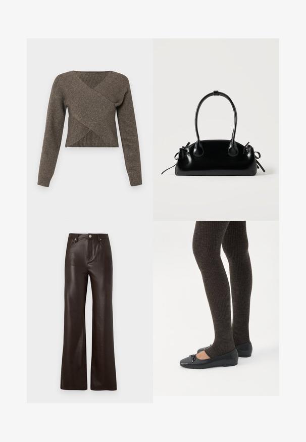 Bruine crossover trui met lange mouwen, geribbeld textuur en een diepe V-hals, gemaakt van zachte gebreide stof. Verkorte design.; Vero Moda Wide-leg VMTESSA High rise - Broek - chocolate torte; Benen met donkere geribbelde leggings gecombineerd met zwarte ballerina's met kleine strikdetails op een witte achtergrond.; Kleine zwarte glanzende handtas met twee lange hengsels en zijkant trekkoord details op een effen lichte achtergrond.