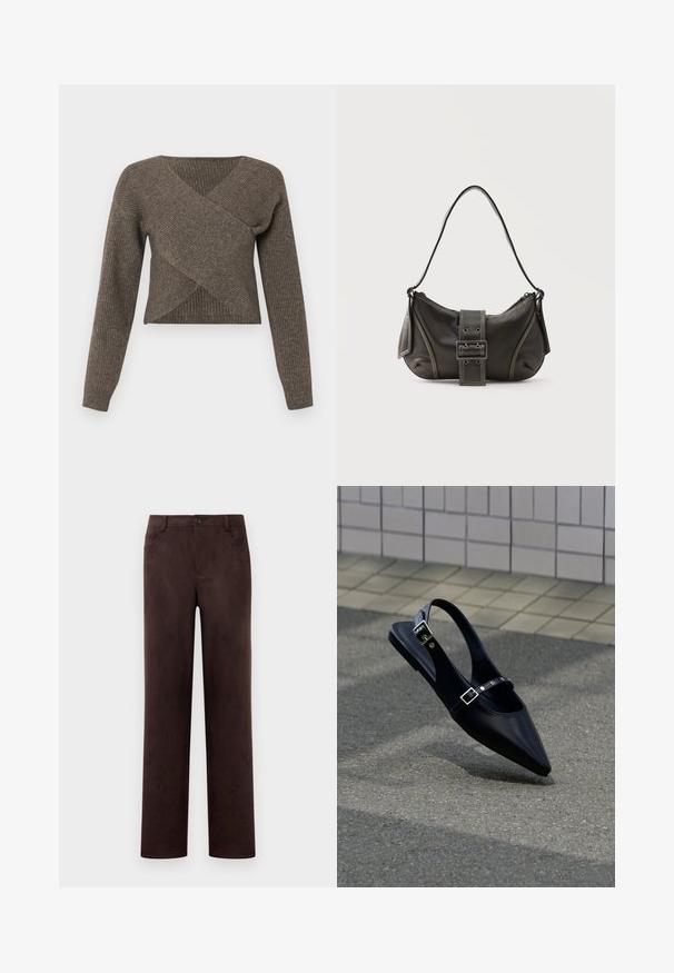 Brun crossover sweater med lange ærmer, ribbet tekstur og dyb v-udskæring, lavet af blødt strikkemateriale. Korte design.; Mørkebrun suedebukser med lige ben, frontknap og lynlås, bæltesløjfer og sidelommer.; Sort flad slingback med spids tå og dobbelte spænder, hvilende på grå asfalt nær flisevæg.; Sort læder skuldertaske med spænde på remmen, afrundede kanter og kontrasterende hvide syninger på en ensfarvet baggrund.