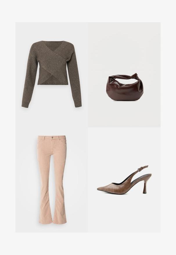 Brun crossover sweater med lange ærmer, ribbet tekstur og dyb v-udskæring, lavet af blødt strikkemateriale. Korte design.; Lysrosa fløjl flared jeans med subtil ribbet tekstur, frontlommer, lynlås og knaplukning, samt en let falmning langs benene.; Brun lædersandal med høj hæl, spids tå, justerbar rem med spænde og slank tilspidset hæl.; Mørkebrun læder skuldertaske med en blød, afslappet form og et snoet knudehåndtag på en ensartet hvid baggrund.