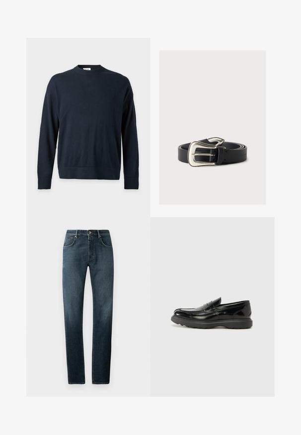 Effen zwarte trui met lange mouwen en ronde hals, met geribbelde boorden en zoom, afgebeeld tegen een lichtgrijze achtergrond.; Donkerdenim jeans met een rechte pasvorm, klassiek vijf-pocket ontwerp, contrasterende stiksels en een subtiele vervagingseffect bij de dijen.; Zwarte leren instapper met een glanzende afwerking, een ronde neus, subtiele stiksels en een dikke rubberen zool voor duurzaamheid.; Zwarte leren riem met een grote zilveren westernstijl gesp, opgerold op een neutrale achtergrond.
