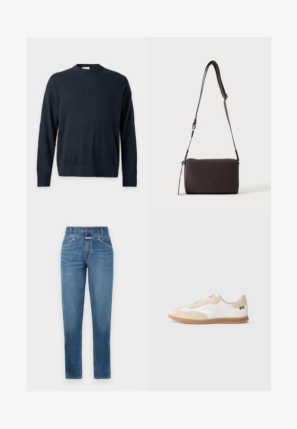 Effen zwarte trui met lange mouwen en ronde hals, met geribbelde boorden en zoom, afgebeeld tegen een lichtgrijze achtergrond.; Blauwe high-waisted rechtlopende jeans met voorkruiszakken, riemlussen, knoopsluiting en subtiele vervagingsdetails.; Witte sneaker met lichtbeige suède accenten, geperforeerde details, platte veters en een zool van gumrubber. Voorzien van gestreepte branding op de hiel.; Donkerbruine gestructureerde leren crossbodytas met verstelbare riem en klein decoratief blauw accent aan de zijkant.
