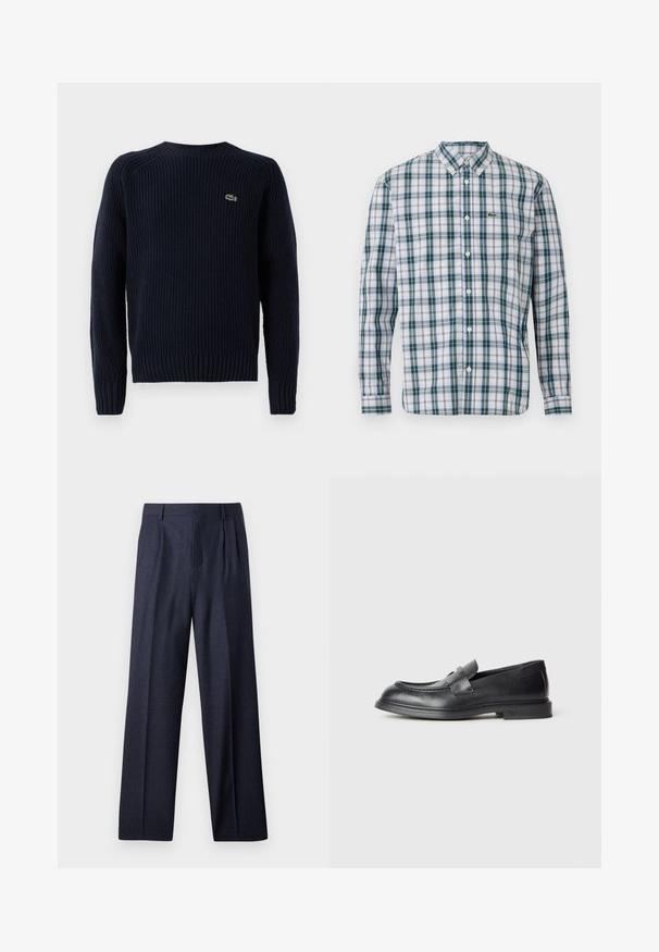 Pull en tricot bleu marine avec une texture côtelée, encolure ronde et manches longues. Présente un petit logo vert dans le coin supérieur gauche du dos.; Chemise à manches longues avec boutons, en motif à carreaux verts, bleus et blancs ; dotée d'un col et d'un logo Lacoste sur la poitrine.; Pantalons en laine bleu marine avec une coupe ajustée, présentant un devant plissé et des jambes larges. Texture lisse et lignes épurées, adaptés aux occasions formelles.; Mocassins en cuir noir avec une finition texturée, dotés d'une bride décorative à l'avant et d'un bout arrondi. Semelle en caoutchouc pour plus de durabilité.