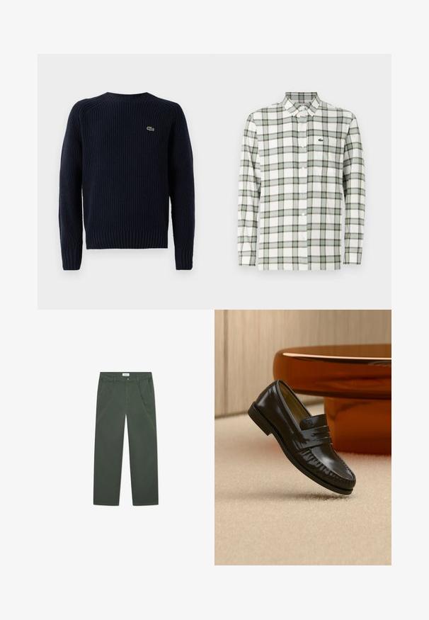 Suéter de punto azul marino con textura acanalada, cuello redondo y mangas largas. Presenta un pequeño logo verde en la parte superior izquierda de la espalda.; Camisa de botones en blanco con un patrón de cuadros en verde y gris. Presenta un collar, mangas largas y un pequeño logo bordado en el pecho.; Pantalones de algodón verde oscuro con un diseño de pierna recta, bolsillos frontales y cierre de botón en la cintura. Textura suave, sin patrones.; Mocasín de cuero negro brillante con detalle de correa, colocado sobre una alfombra beige cerca de una mesa de café redonda marrón en una habitación con iluminación suave.