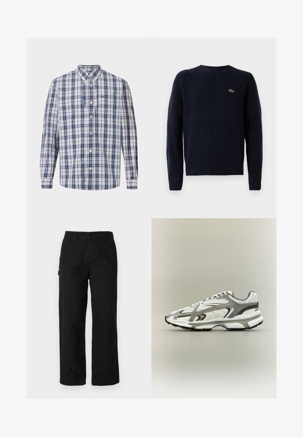 Mørkeblå strikket sweater med ribbet tekstur, rund hals og langærmer. Har et lille grønt logo på den øverste venstre ryg.; Ruderet skjorte i blå og hvid med klassisk krave, lange ærmer og et lille broderet logo på brystet.; Sorte bomulds cargo bukser med en lige ben-design, der har sidelommer og en frontknaplukning. Holdbart stof med en glat tekstur.; Sportssko med en hvid mesh-overdel, grå accenter, sort gummisål og et strømlinet design. Har snørebånd og strukturerede detaljer.