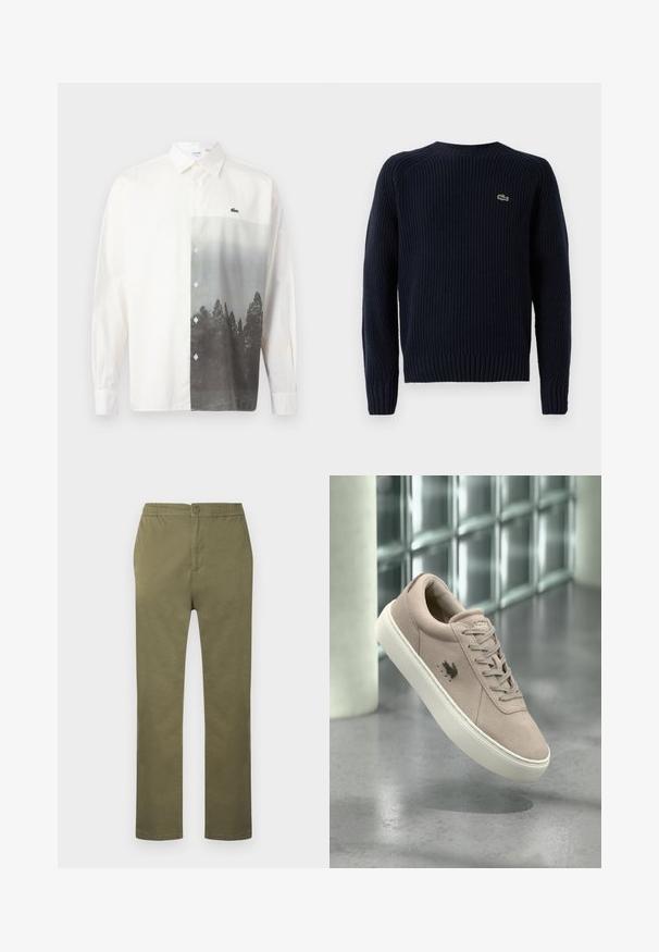 Pull en tricot bleu marine avec une texture côtelée, encolure ronde et manches longues. Présente un petit logo vert dans le coin supérieur gauche du dos.; Chemise blanche à manches longues avec boutons, ornée d'un paysage forestier en niveaux de gris imprimé sur le côté droit avant et d'un petit logo de crocodile vert.; Pantalon en coton léger de couleur vert olive avec une taille élastiquée, une fermeture à boutons, et une coupe droite. Pas de motifs ou accents visibles.; Baskets en daim beige clair avec semelle blanche, design à lacets et logo oiseau noir sur le côté, présentées devant un fond moderne en blocs de verre.