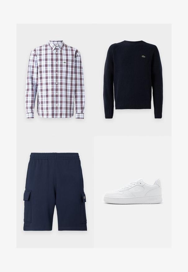 Mørkeblå strikket sweater med ribbet tekstur, rund hals og langærmer. Har et lille grønt logo på den øverste venstre ryg.; Langærmet skjorte med knapper og et rød, blå og hvidt ternet mønster, lavet af letvægtsstof, med et lille grønt logo på brystet.; Marineblå cargoshorts lavet af blødt stof, med elastisk taljebånd, to sidelommer og et lille logo på venstre lomme.; Hvide lædersneakers med perforeret tåboks, flade snørebånd og polstret krave. Har et præget logo på siden og en tekstureret gummisål.