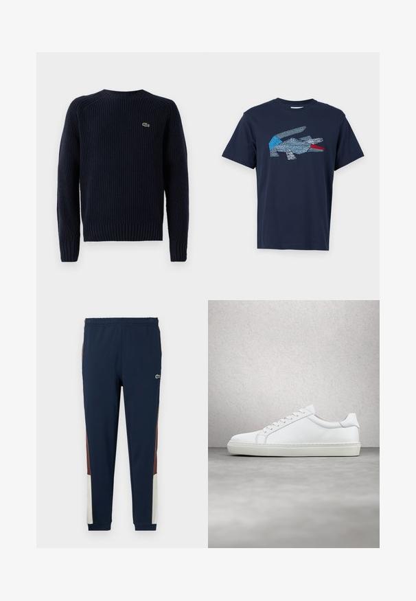 Tumesinine kootud särk ribatekstuuriga, ümmarguse kaeluse ja pikkade varrukatega. Ülemisel vasakul seljal on väike roheline logo.; Lacoste Trükipildiga T-särk - dark blue; Tumed track pantid pehmest kangast, millel on pruunid ja kreemjad külgpaneelid, elastne vöökoht ja väike logo ees.; Valge tennisetoss, millel on sile nahk pealis ja madal profiil. Omab ümarat ninaosa, kuut silmust ja tekstuuriga kummist talda.