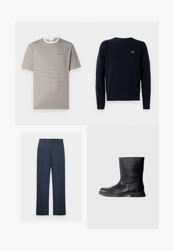 Mørkeblå strikket sweater med ribbet tekstur, rund hals og langærmer. Har et lille grønt logo på den øverste venstre ryg.; Kortærmet t-shirt med rund hals i brune og hvide vandrette striber og en lille grøn krokodille-logo på venstre bryst.; Marineblå bukser med lige ben, knap- og lynlåslukning, bæltestropper og sidelommer, vist på en ensfarvet hvid baggrund.; Sorte læder ankelstøvler med tekstureret overflade, rund tå og lav gummisål. Enkel design uden synlig hardware eller udsmykninger.