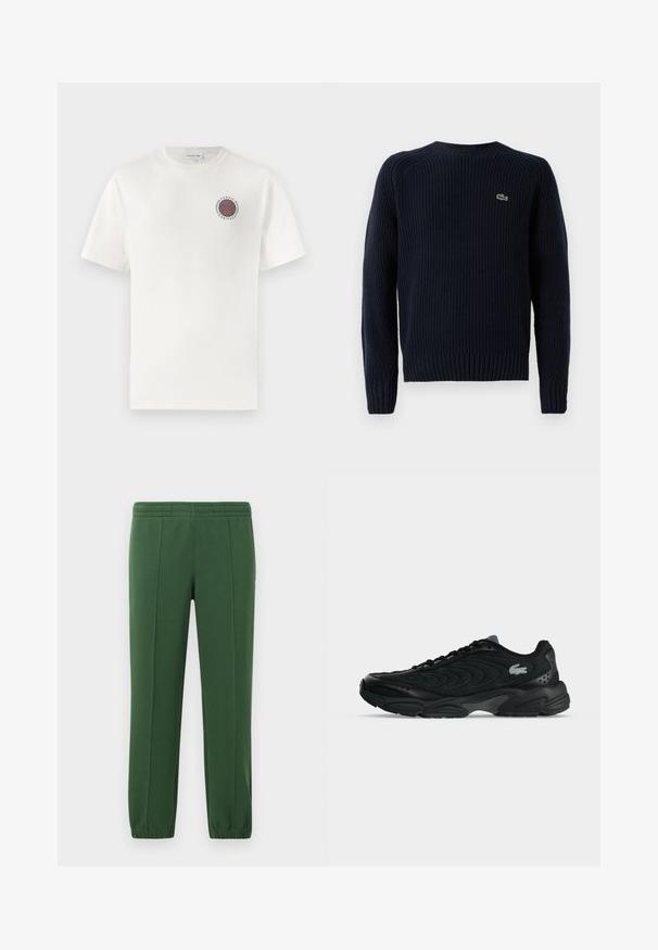 Pull en tricot bleu marine avec une texture côtelée, encolure ronde et manches longues. Présente un petit logo vert dans le coin supérieur gauche du dos.; T-shirt en coton blanc à manches courtes, arborant un logo circulaire bleu et orange "Tennis Heritage" sur la poitrine gauche.; Pantalons de survêtement verts en tissu doux ; dotés d'une taille élastique, de jambes fuselées et d'un petit logo sur le côté.; Baskets de sport noires avec des motifs de couture incurvés et un petit logo crocodile sur le côté, vues de la partie extérieure sur un fond uni.