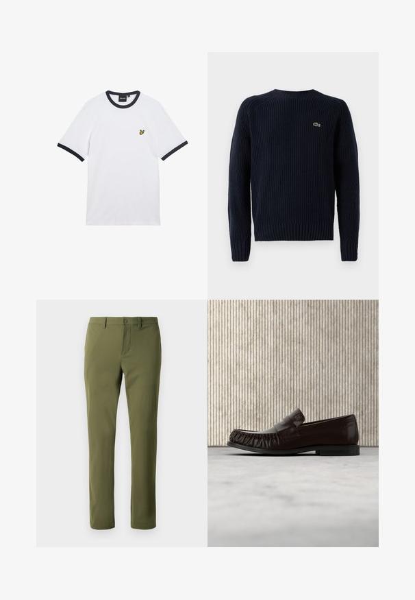 Mørkeblå strikket sweater med ribbet tekstur, rund hals og langærmer. Har et lille grønt logo på den øverste venstre ryg.; Hvid bomulds t-shirt med marineblå ribstrikket krave og ærmekanter. Har en lille gul broderet logo på brystet.; Olivengrønne bukser lavet af glat stof med lige snit, har en knappelukning og bæltestropper. Ingen synlige mønstre eller accenter.; Mørkebrune læderloafer med syningdetaljer, svævende over beige tæppe, med et blankt, ravfarvet rundt bord i baggrunden.