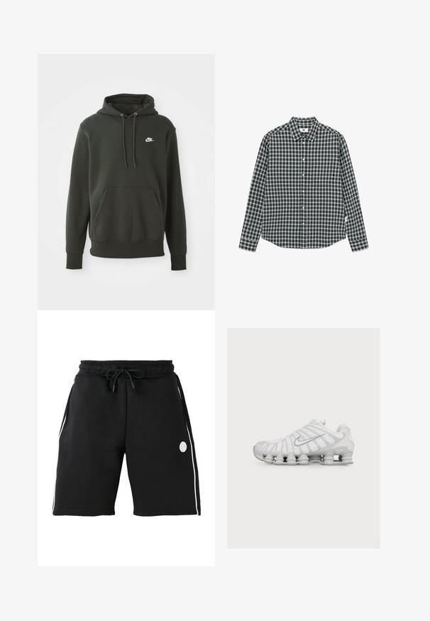 Sudadera verde de tela suave, con un bolsillo canguro, cordones y un pequeño logo blanco de Nike en el lado izquierdo del pecho.; Camisa de manga larga abotonada con patrón a cuadros en blanco y negro y cuello sobre un fondo blanco.; Pantalones cortos negros hasta la rodilla con cintura elástica y cordón, rayas blancas verticales en los lados y pequeño logo redondo en el muslo izquierdo.; Zapatilla deportiva blanca con una suela única similar a un resorte y un logo plateado de Nike swoosh en el lateral, mostrada desde el lado exterior.