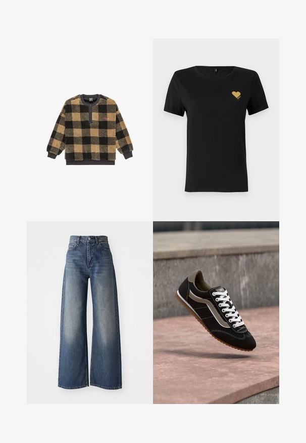 Braun und schwarz kariertes Fleece-Pullover mit Rundhalsausschnitt und Knopfleiste; verfügt über gerippte Bündchen und Saum für eine enge Passform.; Schwarzes Baumwoll-T-Shirt mit kurzen Ärmeln, das ein kleines Herzdesign aus goldenen Glitzer auf der linken Brustseite zeigt. Rundhalsausschnitt.; Blaue hoch taillierte Schlagjeans mit vorderem Knopf und Taschen, verblasste Textur an den Oberschenkeln und geradem Saum.; Schwarzer und beiger Sneaker mit weißen Schnürsenkeln und brauner Sohle, schwebend über einer Steinoberfläche vor einem grauen Betonhintergrund.