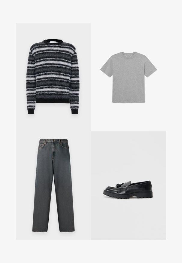Blød, sort og grå stribet sweater med rund halsudskæring og ribbede ærmekanter, med lysegrå og hvide vandrette striber over hele.; Grå T-shirt med korte ærmer, lavet af bomuld, med rund halsudskæring og et lille logo på brystet. Blød tekstur med en afslappet pasform.; Mørkegrå denimjeans med lige ben, fem lommer og en knap- og lynlås-lukning. Stofmet har diskret falming og syninger.; Sorte læder loafers med en blank finish, kraftig gummisål og dekorativt frynse-detalje på forsiden.