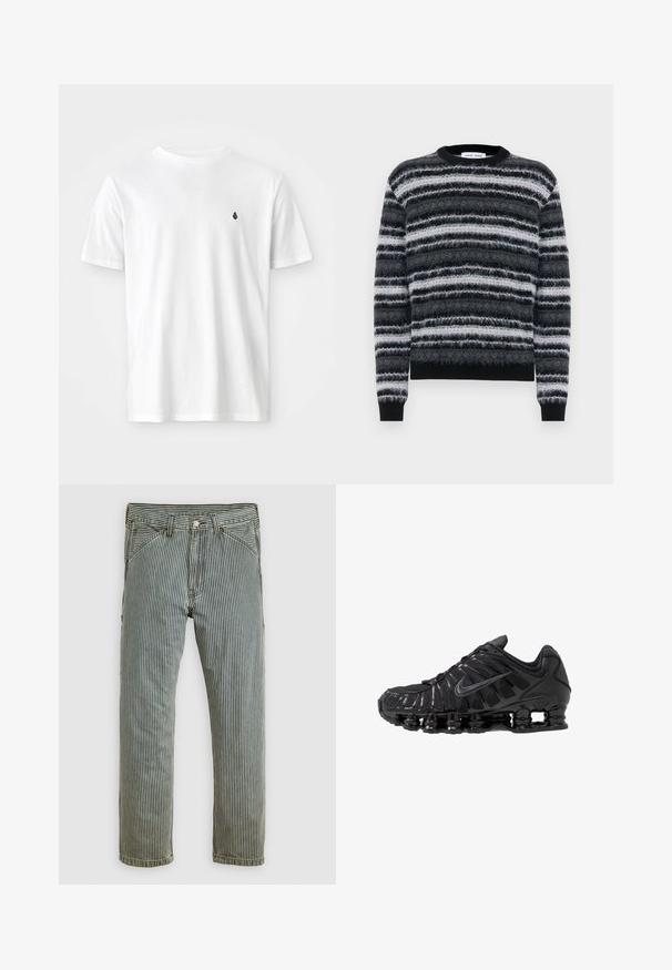 Pull duveteux à rayures noires et grises avec un col rond et des poignets côtelés, présentant des rayures horizontales gris clair et blanches sur toute la surface.; T-shirt en coton blanc avec un col rond classique, des manches courtes et un petit logo noir sur la poitrine gauche. Texture lisse, coupe décontractée.; Pantalons droits à rayures verticales noir et blanc avec des poches avant et des passants de ceinture, présentés à plat sur un fond clair.; Chaussures de sport noires en mesh et matériaux synthétiques, présentant un design ondulé distinct, une semelle en caoutchouc noire et des accents réfléchissants.