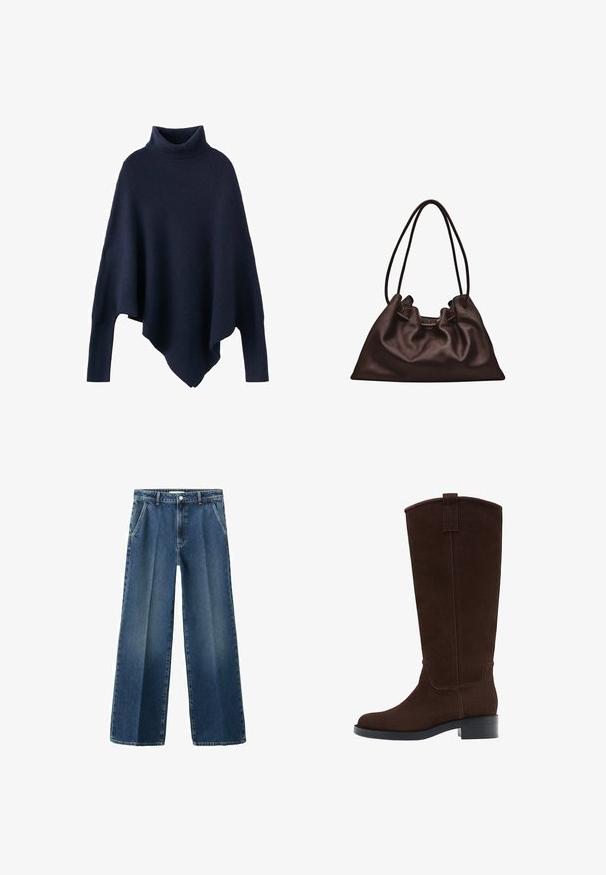 Marineblå strikket poncho med høj hals, der har en afslappet silhuet og tekstureret ribbet mønster. Kanten er asymmetrisk og falder smukt.; Bredbenede blå denimjeans med høj talje, der har forlommer, knaplukning og et let falmet mønster på stoffet.; Høj mørkebrun ruskindsstøvle med lav stablet hæl og rundet tå, med en trækkemærke øverst på skaftet.; Blød mørkebrun læderhåndtaske med en slasket form og to tynde skulderstropper mod en hvid baggrund.