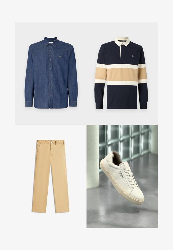 Langærmet rugbyshirt med navy, beige og hvide striber, cremefarvet krave og lille broderet logo på venstre bryst.; Mørkeblå denimskjorte med lange ærmer, der har en button-down krave, frontknapper og et lille grønt logo på brystet.; Beige bukser med lige ben, bæltestropper, forreste knap og skrå sidelommer, lagt fladt på en hvid baggrund.; Hvid lærreds-sneaker med beige sål og snørebånd, "AllSaints London" logo på siden, svævende over en grå poleret gulv nær glasblokke.