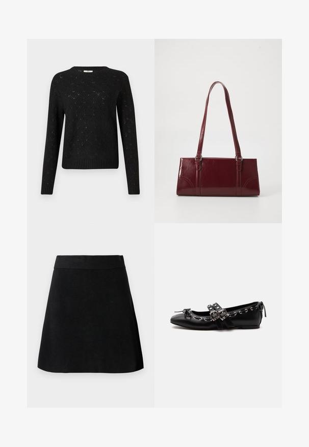 Sort strikket sweater med diamantmønster, ribbet kant og lange ærmer. Fremstillet af let materiale med rund halsudskæring.; Sort A-line nederdel med bred talje, glat tekstur og enkelt design, vist mod en lysegrå baggrund.; Sort flad balletsko med dobbelt spænde, sølvøjer og en lille sløjfe nær den runde tå på en hvid baggrund.; Bordeaux håndtaske lavet af glansfuldt materiale, rektangulær form, med to skulderremme og subtile buede detaljer på forsiden.