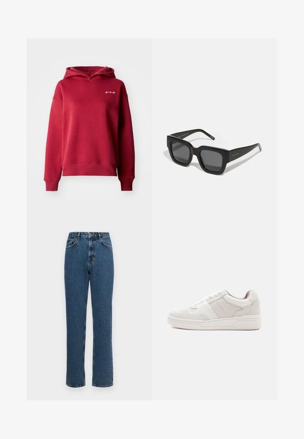 Rød hættetrøje lavet af blød bomuldsblanding med en afslappet pasform, der har ribbede manchetter og kant, samt et lille hvidt logo på brystet.; Højtaljede straight-leg jeans i mørkeblå denim. Har en knap- og lynlåslynlås, fem lommer og en let falmet tekstur.; Lav-snit hvid sneaker med ruskind og læderpaneler, snørelukning, polstret krave og tekstureret sål, vist fra ydersiden.; Sorte firkantede solbriller med mørke linser, tyk plastikramme og slanke stænger. Har subtil branding på siden.
