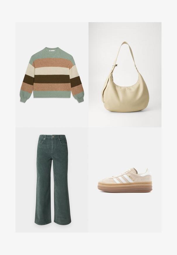Striktrøje med lange ærmer med vandrette striber i grøn, brun, beige og brunlig, med rund halsudskæring og ribstrikkede manchetter og kant.; Vero Moda Petite VMTESSA PANTS - Bukser - balsam green; Beige ruskindsneaker med hvide læderdetaljer, der har tre hvide striber, et gyldent logo og en tyk, gennemsigtig gummisål.; Beige læder skuldertaske med en buet form, justerbar rem og præget logo detalje, der har en glat tekstur og minimalistisk design.