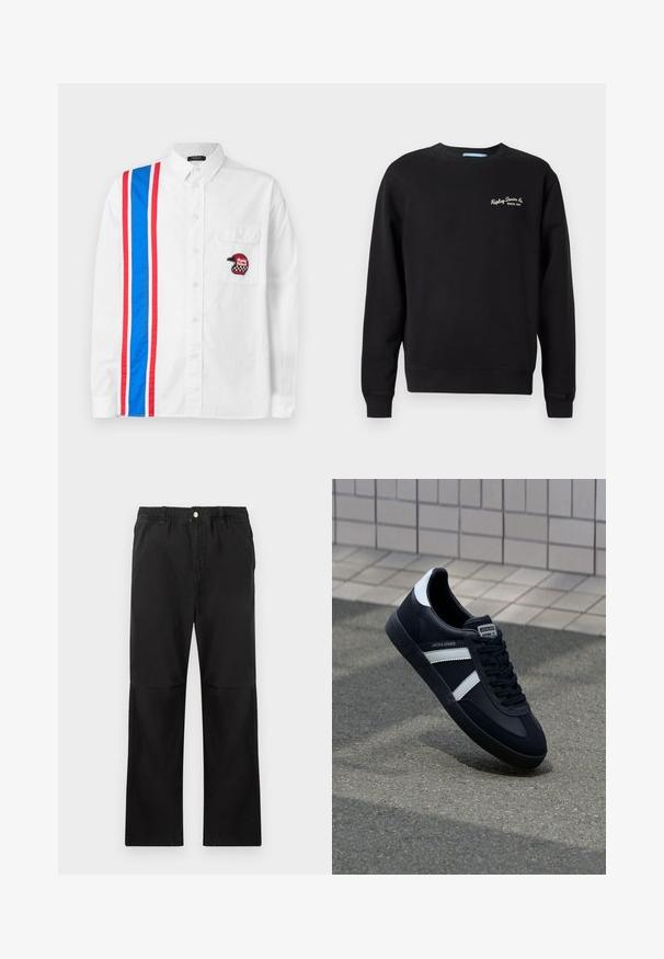 Zwarte crewneck sweatshirt gemaakt van een katoenmix. Voorzien van ribgebreide manchetten en onderrand, met "Replay Denim Co. Since 1991" geborduurd op de borst.; Witte overhemden met een blauw-rood gestreept ontwerp aan één kant en een zwart geborduurd helm-embleem op de borstzak.; Zwarte katoenen broek met een elastische tailleband, voorzien van een recht model, een gladde textuur en zonder zichtbare accenten of patronen.; Zwarte leren sneaker met witte strepen, een gestructureerde rubberen zool en vetersluiting aan de voorkant. Voorzien van een merklabel op de tong.