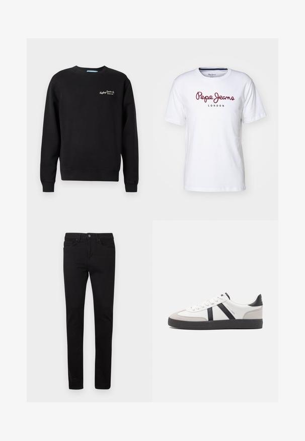 Μαύρη μπλούζα crewneck κατασκευασμένη από μείγμα βαμβακιού. Διαθέτει ραμμένα μανίκια και στρίφωμα, με την ένδειξη "Replay Denim Co. Από το 1991" κεντημένη στο στήθος.; Λευκό βαμβακερό μπλουζάκι με μαρόν λογότυπο "Pepe Jeans" και κείμενο "LONDON", στρογγυλή λαιμόκοψη, κοντά μανίκια και χαλαρή εφαρμογή.; Μαύρο ανδρικό τζιν από βαμβακερό ύφασμα, με στενή εφαρμογή, πέντε τσέπες, μπροστινό κλείσιμο με κουμπιά και διακριτική ξεθώριαση στο ύφασμα.; Λευκό αθλητικό παπούτσι με μαύρες και γκρί λεπτομέρειες, featuring ένα υφή γκρί καλύμμα δαχτύλου, μαύρη καουτσούκ σόλα και επίπεδες λευκές κορδόνες. Καθαρός σχεδιασμός, μινιμαλιστικό στυλ.