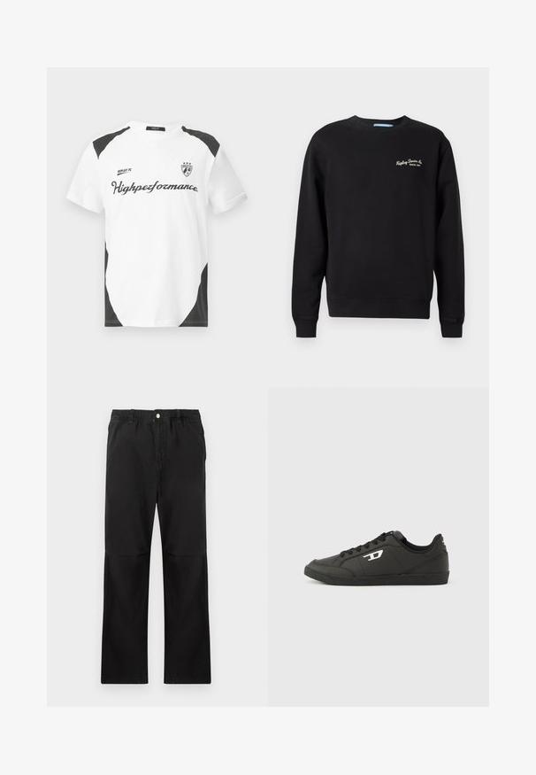Schwarzer Rundhalsausschnitt-Sweatshirt aus Baumwollmischung. Mit gerippten Bündchen und Saum, mit "Replay Denim Co. Since 1991" auf der Brust gestickt.; Weißes Kurzarm-T-Shirt mit schwarzen Akzenten. Verfügt über das Logo "REPLAY FC" und den Text "Highperformance" in einer sportlichen Schriftart. Hergestellt aus einem glatten Material.; Schwarze Baumwollhosen mit einem elastischen Bund, gerade geschnitten, mit glatter Textur und ohne sichtbare Akzente oder Muster.; Schwarze Sneakers aus synthetischem Material mit einer strukturierten schwarzen Sohle, rundem Zehenbereich und flachen schwarzen Schnürsenkeln. Auffälliges weißes Logo auf der Außenseite.