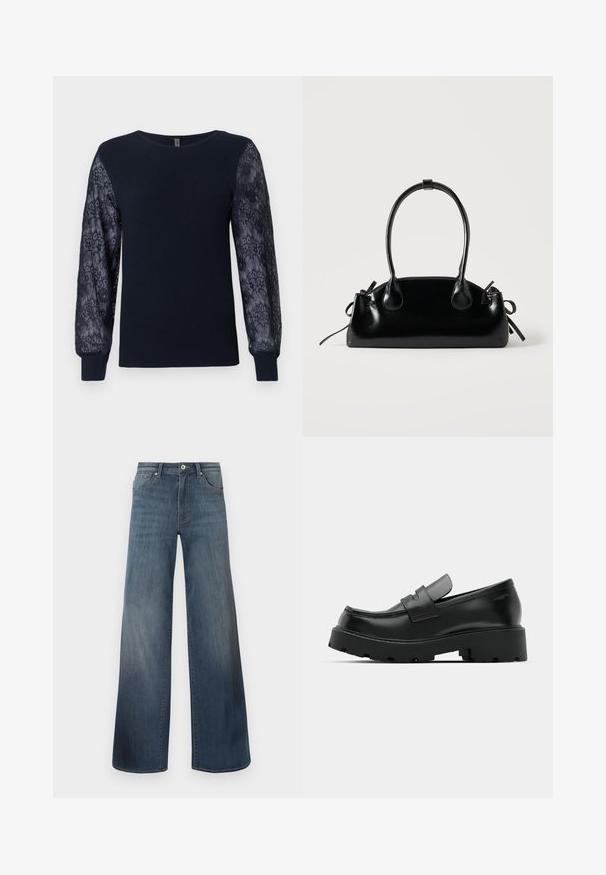 Marineblå striktrøje med gennemsigtigt blomsterlacemateriale på lange ærmer og ribbede manchetter, rund hals og lige kant.; Bredde denim jeans i mørkeblå, med en slidteknik, knaplukning og fem-lomme stil. Glat tekstur, minimal syning detaljer.; Sorte læder loafers med en chunky tekstureret sål, der har en rem over vamps og en glat, poleret finish.; Lille sort blank håndtaske med to lange håndtag og snøre-detaljer i siden på en ensfarvet lys baggrund.