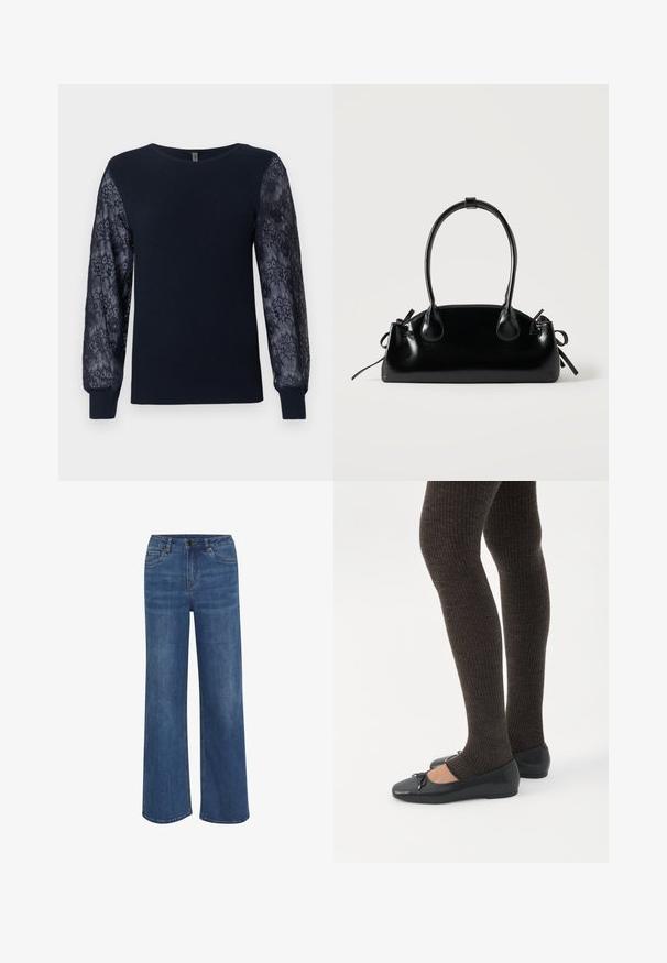 Marineblå striktrøje med gennemsigtigt blomsterlacemateriale på lange ærmer og ribbede manchetter, rund hals og lige kant.; Bredde jeans lavet af medium blå denim. Har en knap- og lynlåslukning, fem lommer og subtil falmning på stoffet.; Ben iført mørke ribbede leggings kombineret med sorte balletsko med små sløjfedetaljer på hvid baggrund.; Lille sort blank håndtaske med to lange håndtag og snøre-detaljer i siden på en ensfarvet lys baggrund.