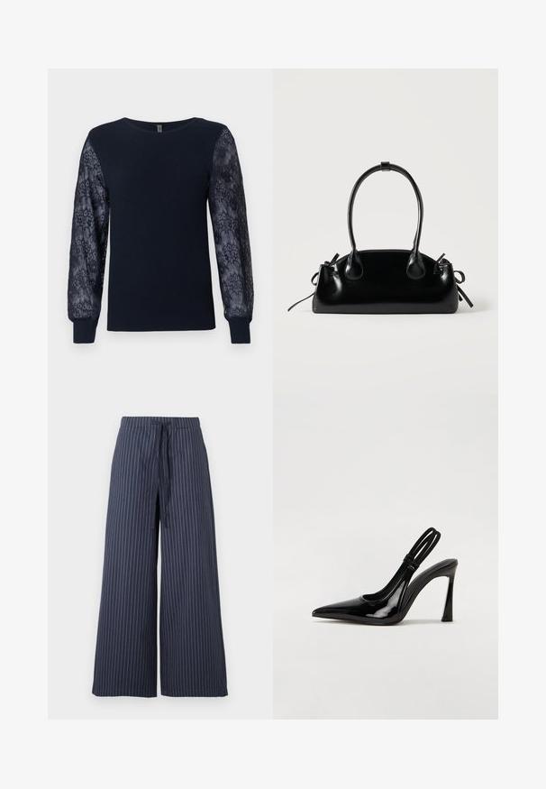 Pull en tricot bleu marine avec des manches longues en dentelle florale transparente et des poignets côtelés, col rond et ourlet droit.; Pantalons à jambes larges en bleu marine avec des rayures verticales blanches. Fabriqués dans un tissu léger, avec une taille à cordon et une texture lisse.; Escarpin en cuir verni noir à talon aiguille, à bout pointu, avec une sangle élastique double pour un maintien sécurisé. Surface lisse et brillante.; Petit sac à main noir brillant avec deux longues anses et des détails à cordon sur les côtés sur un fond clair uni.