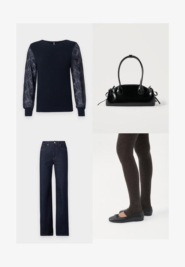 Marineblauwe gebreide trui met doorzichtige bloemenkant lange mouwen en geribbelde boorden, ronde hals en rechte zoom.; Donkerblauwe denim jeans met een rechte pijp, klassieke vijf-pocketstijl, zichtbare stiksels en een knoopsluiting aan de voorkant.; Benen met donkere geribbelde leggings gecombineerd met zwarte ballerina's met kleine strikdetails op een witte achtergrond.; Kleine zwarte glanzende handtas met twee lange hengsels en zijkant trekkoord details op een effen lichte achtergrond.