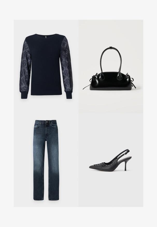 Marineblaues Strickpullover mit durchsichtigen floralen Spitzendetails an den langen Ärmeln und gerippten Bündchen, Rundhalsausschnitt und geradem Saum.; Dunkelblaue Jeans aus Denim mit geradem Beinschnitt, fünf Taschen und einem Frontknopfverschluss. Mit Farbverlaufdetails nahe dem Saum.; Schwarzer Leder-Slingback-Stiletto mit spitzem Zehenaufsatz, seitlichem Schnallenriemen, Nieten entlang der Kante und dekorativer Schnürung vorne.; Kleine schwarze glänzende Handtasche mit zwei langen Griffen und seitlichen Kordelzug-Details vor einfachem hellem Hintergrund.