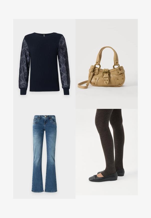 Marineblauwe gebreide trui met doorzichtige bloemenkant lange mouwen en geribbelde boorden, ronde hals en rechte zoom.; Flared denim jeans in medium blue met contrasterende stiksels, vijf zakken en een klassieke knop- en ritssluiting.; Benen met donkere geribbelde leggings gecombineerd met zwarte ballerina's met kleine strikdetails op een witte achtergrond.; Beige leren handtas met dubbele handvatten, messing gesps en klinknagel details, en een verstelbare schouderriem tegen een witte achtergrond.