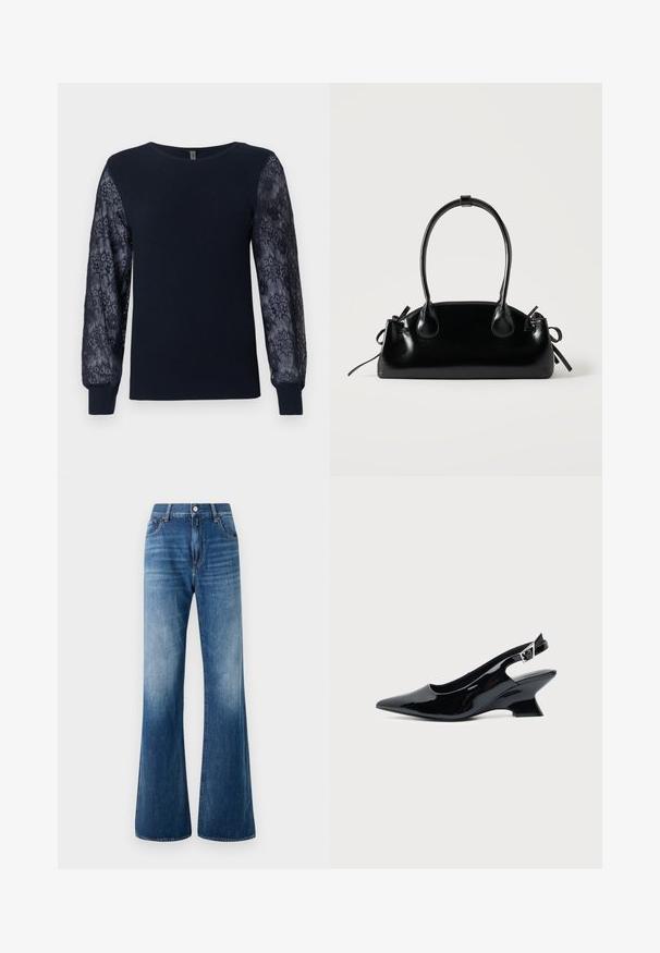 Marineblå striktrøje med gennemsigtigt blomsterlacemateriale på lange ærmer og ribbede manchetter, rund hals og lige kant.; Udfoldede blå denim jeans med en falmet vask, fem-lomme design, bæltestropper og frontlukning med knap. Glat tekstur og klassisk snit.; Sort laklæder slingback sko med spids tå og lav vinklet blokhæl på ensartet lys baggrund.; Lille sort blank håndtaske med to lange håndtag og snøre-detaljer i siden på en ensfarvet lys baggrund.