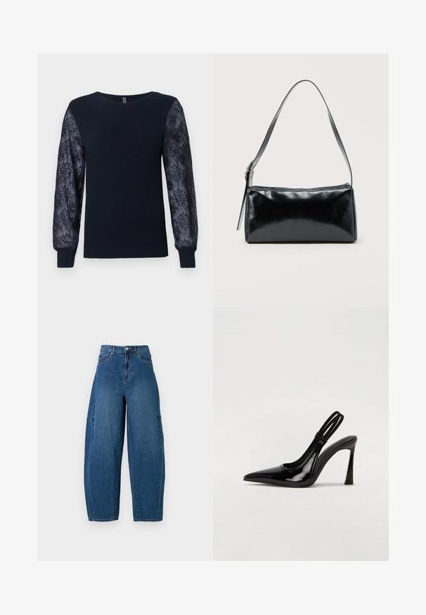 Marineblå striktrøje med gennemsigtigt blomsterlacemateriale på lange ærmer og ribbede manchetter, rund hals og lige kant.; Denimjeans i en mellemblå vask, med højt liv, bred benpasform og standard fem-lomme design med synlige stikninger.; Sorte patenterede lædersædler med spidse tæer, slank høj hæl og dobbelt elastisk rem for sikker pasform. Glat, skinnende overflade.; Sort rektangulær skuldertaske med en enkelt justerbar rem og lynlås i toppen på en ensfarvet baggrund.