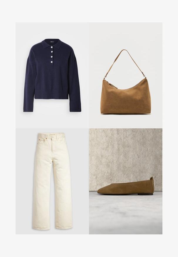 Pull en tricot bleu marine avec un col, cinq boutons blancs et un ourlet côtelé. Dispose de manches longues et d'une coupe décontractée.; Jean à jambes larges en denim écru, doté d'une taille haute, de rivets en cuivre et d'un design classique à cinq poches. Tissu texturé avec des ourlets nets.; Chaussure plate en daim marron avec semelle noire flottant au-dessus d'un tapis beige, avec un mobilier translucide ambré en arrière-plan.; Sac à bandoulière en daim marron avec une seule sangle et une fermeture éclair supérieure, présenté sur un fond blanc uni.