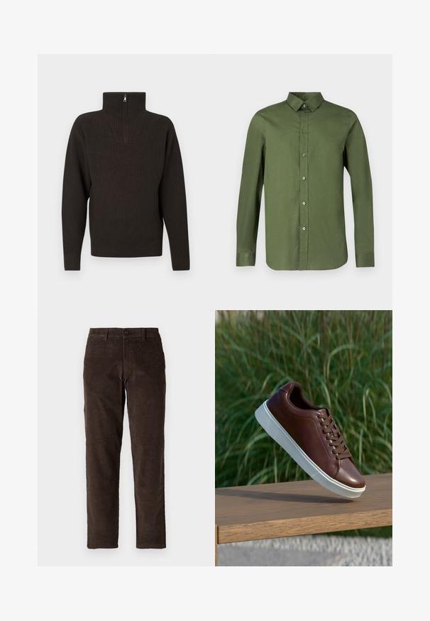 Sort, ribbet pullover med en halvlynlås og en tætsiddende kant. Sweateren har lange ærmer og en afslappet pasform med et struktureret mønster.; Langærmet skjorte i olivengrøn, lavet af glat stof, med knaplukning foran og en spids krave med matchende knapper.; Brune fløjl bukser med lige ben design, der har en frontlukning med knap og standard bæltestropper. Glat tekstur og klassisk snit.; Brune lædersneakers med hvid gummisål, snørebåndsdesign, glat tekstur, afrundet tå og diskrete syninger.