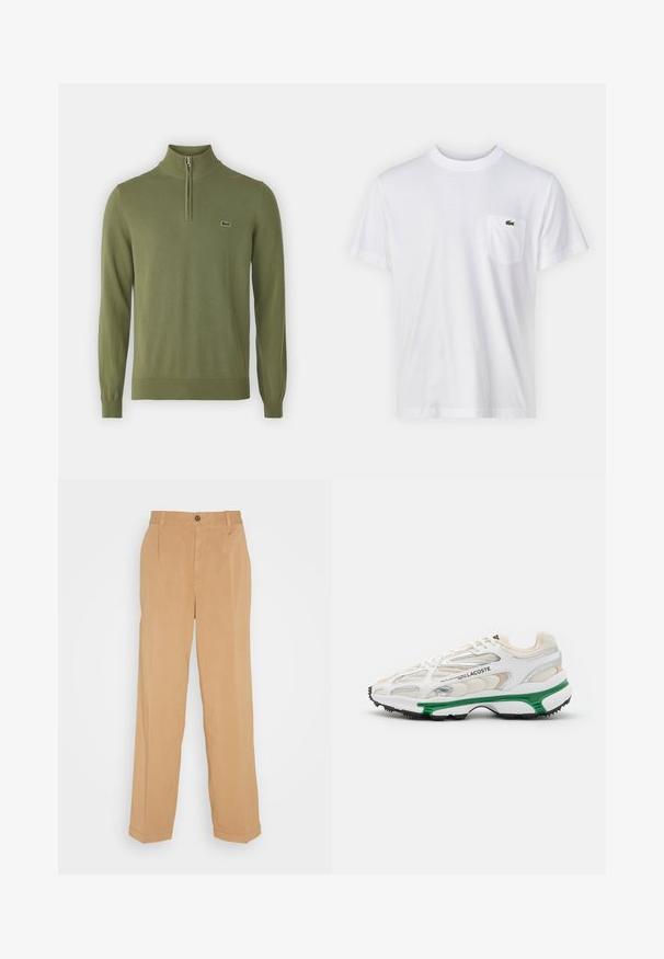 Pull-over en vert olive fabriqué en tissu doux, doté d'un col zippé quart, de poignets et d'un ourlet côtelés, avec un petit logo sur la poitrine.; T-shirt en coton blanc avec un col rond et des manches courtes. Il présente une poche sur la poitrine gauche et un petit logo Lacoste vert.; Pantalons larges beiges en tissu doux, dotés de deux poches avant, d'une fermeture à bouton et de plis le long des jambes.; Sneaker blanc avec accents verts et semelle en caoutchouc noir. Comprend des panneaux en mesh et en synthétique, avec une finition texturée et des coutures visibles.