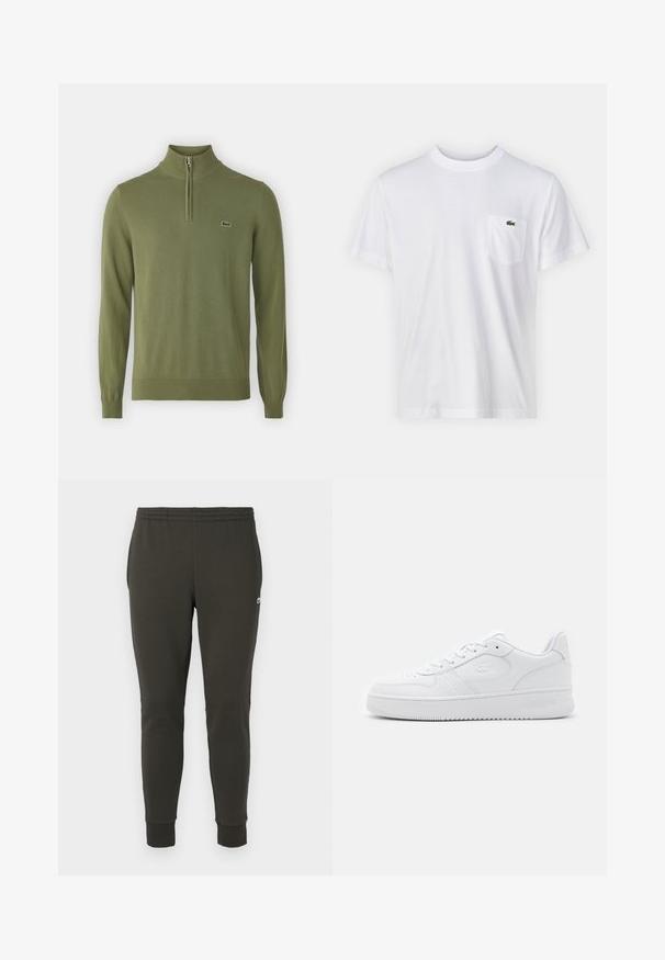 Olivengrøn pullover trøje lavet af blødt stof, med en kvart lynlås ved halsen, ribbede manchetter og kant, samt et lille logo på brystet.; Hvid bomulds T-shirt med rund halsudskæring og korte ærmer. Har en lomme på venstre bryst og et lille grønt Lacoste-logo.; Mørkegrønne joggers lavet af blødt stof, med elastisk talje, ribbede manchetter og et lille logo på siden.; Hvide lædersneakers med perforeret tåboks, flade snørebånd og polstret krave. Har et præget logo på siden og en tekstureret gummisål.