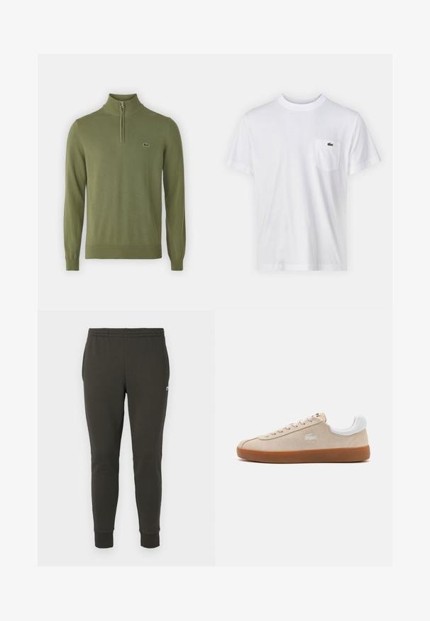 Pull-over en vert olive fabriqué en tissu doux, doté d'un col zippé quart, de poignets et d'un ourlet côtelés, avec un petit logo sur la poitrine.; T-shirt en coton blanc avec un col rond et des manches courtes. Il présente une poche sur la poitrine gauche et un petit logo Lacoste vert.; Jogging en vert foncé en tissu doux, avec une taille élastique, des poignets côtelés et un petit logo sur le côté.; Baskets en daim beige avec des accents en cuir blanc, fermeture à lacets plate, semelle en caoutchouc et logo brodé. La vue latérale met en valeur un design aérodynamique.