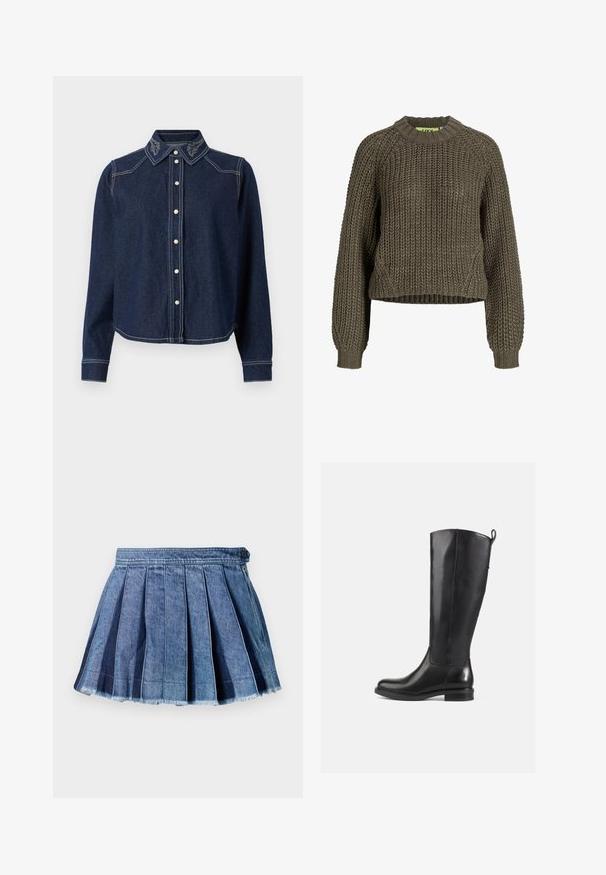 Chunky strikket olivengrøn langærmet sweater med ribstrikkede manchetter, rund halsudskæring og en let kortere pasform.; JDY Denim JDYBELLA Denim - Skjortebluser - dark blue denim; Blå denim plisseret mini nederdel med knap og lynlås i siden, med en frynset kant detalje.; Knæhøje sorte læderstøvler med en glat finish, rund tå, lav hæl og en flap bagpå. Minimalistisk design uden synlige mønstre.