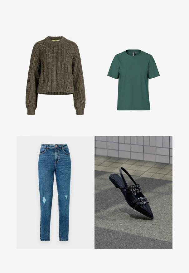Großzügig gestrickter, olivgrüner Pullover mit langen Ärmeln, gerippten Bündchen, Rundhalsausschnitt und leicht verkürzter Passform.; Kurzärmliges T-Shirt aus dunkelgrünem Baumwollstoff mit Rundhalsausschnitt. Schlichtes, ungeschmücktes Design und lockere Passform. Weiche Textur, keine Muster.; Blaue Skinny-Jeans mit hoher Taille und Used-Details an Oberschenkeln und Taschen, mit Knopf- und Reißverschluss.; Schwarze flache Sandale mit spitz zulaufender Spitze, mehreren Riemchen mit Schnallen und Slingback, vor einem gepflasterten Boden und einem gefliesten Wandhintergrund positioniert.