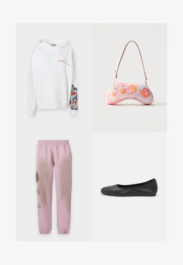 Sudadera blanca con un gran bolsillo frontal, logo rojo "Fiorucci" y una colorida escena de montaña impresa en la manga izquierda. Material de mezcla de algodón.; Pantalones de chándal rosas con cintura elástica, que presentan parches decorativos en forma de diamante en el lado izquierdo y puños elásticos en los tobillos.; Bailarina de piel negra con punta redondeada, textura suave, detalle de costura minimalista y diseño de suela flexible.; Pequeño bolso con forma curva que presenta un estampado floral en rosa y naranja y una sola correa para el hombro sobre un fondo liso.