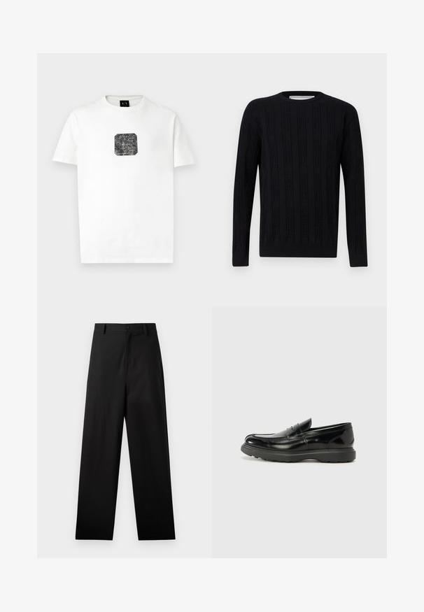 Sort langærmet crewneck-sweater med lodrette teksturerede striber og præget mønster med mærkenavn over det hele.; Hvid t-shirt med korte ærmer, der har et lille sort firkantet grafik med hvide prikker og teksten "Armani Exchange" på brystet.; Sorte bukser lavet af bomuld med lige ben-design, der har en frontknaplukning og sidelommer. Glat tekstur, ingen mønstre.; Sort læderloafer med en blank finish, rund tå, subtile syninger og en tyk gummisål for holdbarhed.