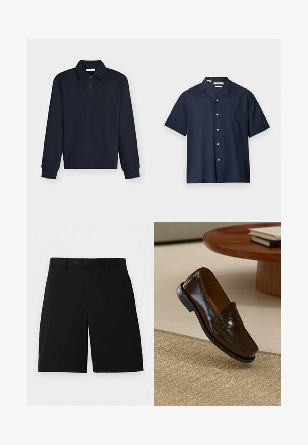 Polo manches longues bleu marine foncé avec col et deux boutons sur la patte, poignets et ourlet en côte, présenté sur fond blanc.; Chemise bleu marine à manches courtes avec col ouvert et boutons blancs, présentée sur un fond clair uni.; Shorts noirs longueur genou avec passants de ceinture, bouton devant et fermeture éclair, présentés à plat sur un fond blanc.; Mocassins en cuir marron au fini brillant, avec un détail cousu sur le devant et une semelle en caoutchouc noir à profil bas.