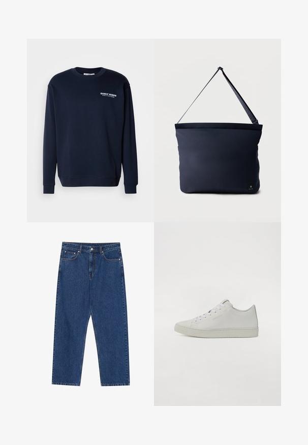 Sweat-shirt bleu marine en tissu mélangé de coton. Il présente un col rond, des manches longues, des poignets côtelés et un imprimé "EARLY BIRDS" sur la poitrine.; Jeans en denim bleu foncé, avec une coupe droite, des poches avant et une braguette à bouton avec des coutures contrastées.; Baskets en cuir blanc au design bas, avec des lacets ronds, des coutures minimales et une semelle en caoutchouc texturée.; Sac d'épaule rectangulaire bleu marine avec sangle noire réglable et petite étiquette logo noire en bas à droite.