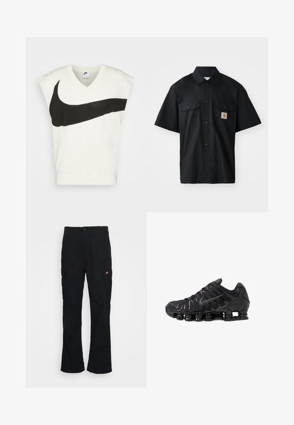 Weißer ärmelloser V-Ausschnitt-Pullover mit großem schwarzem Nike-Swoosh-Logo auf der Vorderseite. Weicher Stoff, gerippter Saum und minimale Nähte.; Schwarzes Kurzarmhemd aus gewebtem Stoff, mit einer knöpfbaren Vorderseite, zwei Brusttaschen und einem kleinen orangen Logo-Patch.; Schwarze Cargo-Hose mit geradem Bein, aus strapazierfähigem Stoff gefertigt, mit Seitentaschen und einem aufgenähten Logo auf der linken Seite.; Schwarze Sportschuhe aus Mesh- und synthetischen Materialien mit einem markanten wellenförmigen Design, schwarzer Gummisohle und reflektierenden Akzenten.