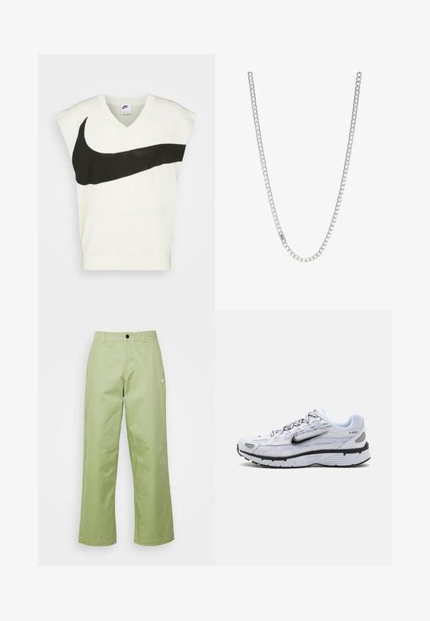 Pull sans manches blanc en V avec un grand logo Nike swoosh noir sur le devant. Texture douce, ourlet côtelé et coutures minimales.; Pantalons larges de couleur vert clair en tissu lisse avec une fermeture à bouton, arborant un petit logo Nike sur le devant.; Baskets de course blanches avec une tige en mesh, bout arrondi, accents noirs et semelle à motif. Comprend des lacets et une marque sur le côté.; Collier en argent composé de maillons entrelacés, texture lisse et forme rectangulaire uniforme. Détail du fermoir sécurisé.