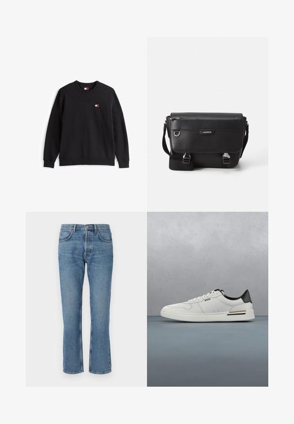 Sweatshirt noir avec un col rond côtelé. Caractérisé par un petit logo en patch aux couleurs rouge, blanc et bleu sur la poitrine gauche. Tissu doux en mélange de coton.; Jeans en denim bleu clair avec une coupe droite, design à cinq poches et surpiqûres contrastées. Le tissu a une texture douce et un léger délavage.; Sneaker basse blanche avec talon noir, fermeture à lacets, perforations subtiles et logo "BOSS" sur le côté, vue depuis le profil extérieur.; Sac messager Lacoste noir texturé avec bandoulière ajustable, rabat avant, poche zippée et fermetures à boucle en métal.