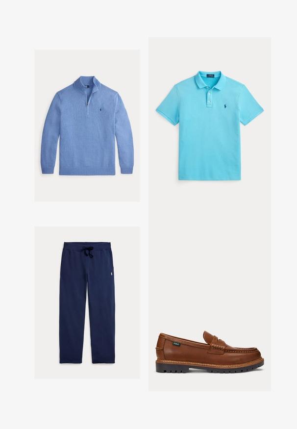 Lichtblauwe trui met halve rits, gemaakt van gebreide stof. Voorzien van een geribde kraag, manchetten en zoom, met een klein logo op de linkerborst.; Lichtblauw poloshirt met korte mouwen, kraag, drie knopen en een klein donkerblauw geborduurd logo op de linkerborst.; Navyblauwe joggingbroek gemaakt van zacht katoen, met een tailleband met trekkoord en een klein logo op het bovenste gedeelte van het linkerbeen. Gladde textuur, rechte pijp.; Bruine leren loafer met gestikte details, robuuste zwarte zool en klein "Polo"-label aan de zijkant.